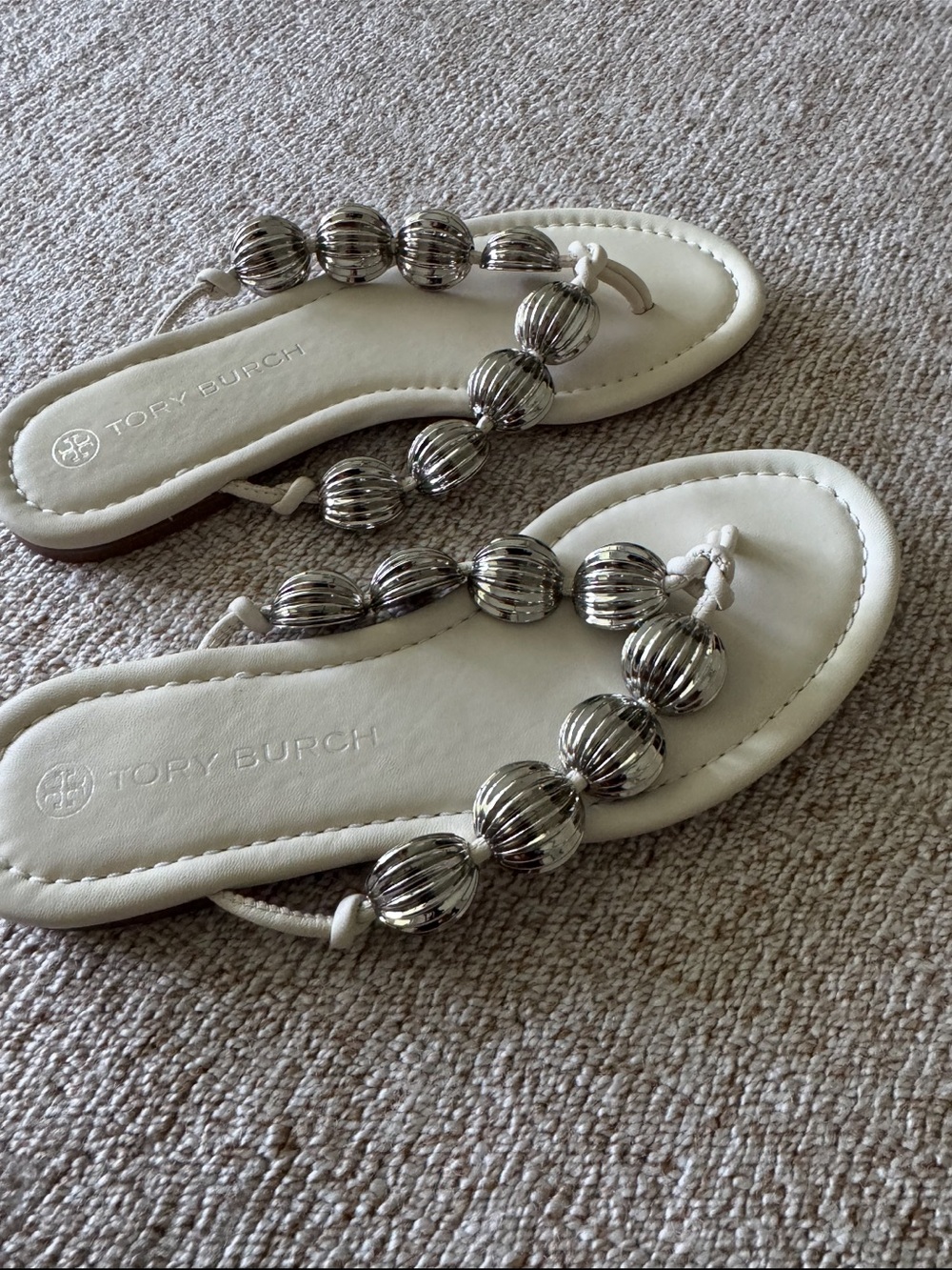 Tory Burch White Leather Beaded Thong Sandals